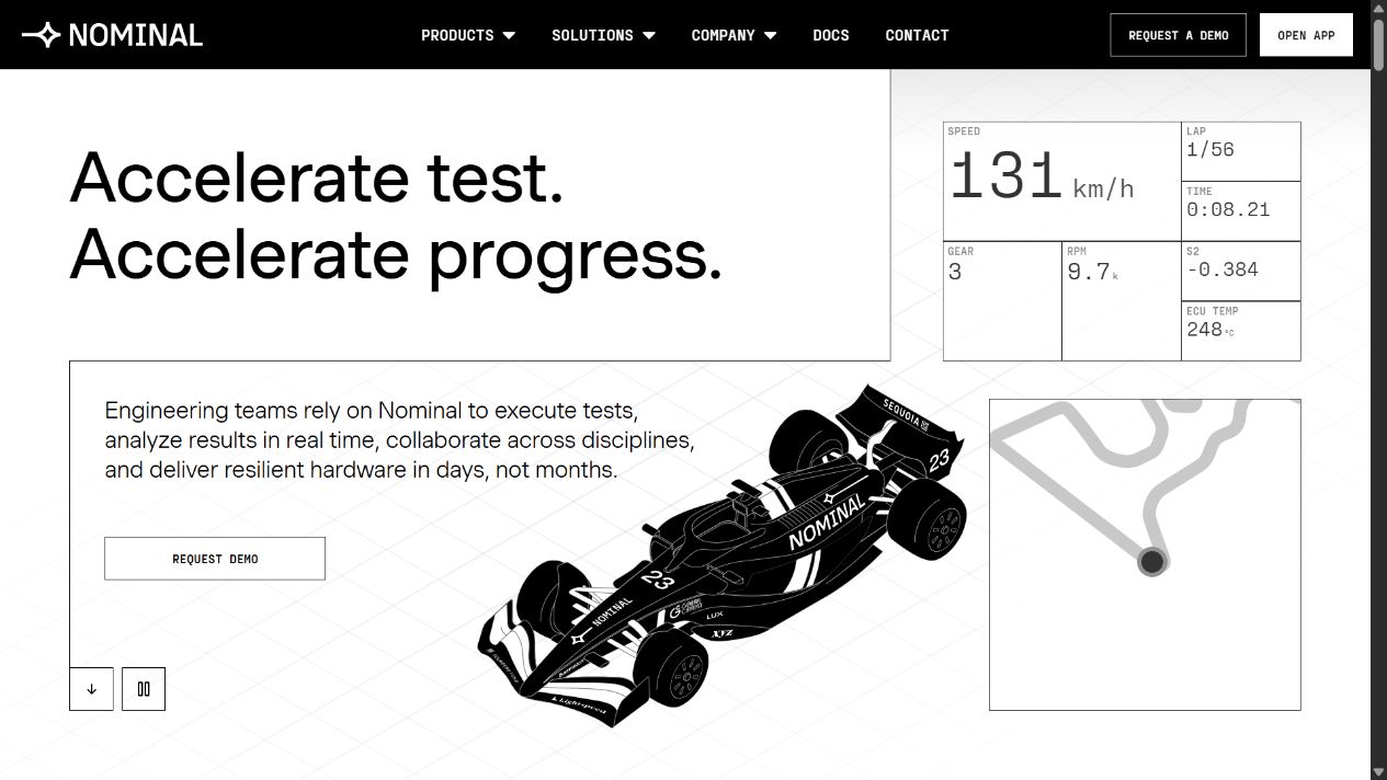 Nominal homepage design with bold typography and illustrated racing car