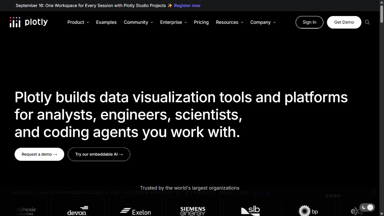 Plotly homepage — logo, navigation, typography and first-screen composition